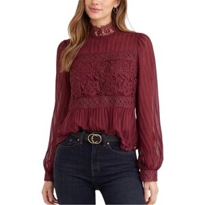 Haute Monde Burgundy Lace Blouse Romantic Chic High Neck Sheer Sleeve Size XL